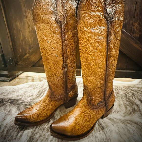 Rock'Em Nancy Tall Snip Toe Tooled Leather Cowgirl Boots Size 8 NWT - Picture 3 of 13
